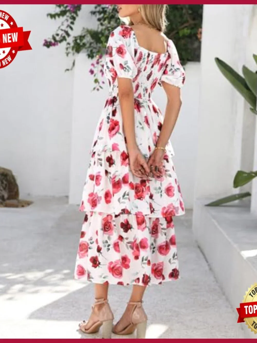 Women's Floral Maxi Dress Puff Sleeve Square Neck Smocked Tiered Boho - Picture 3 of 7